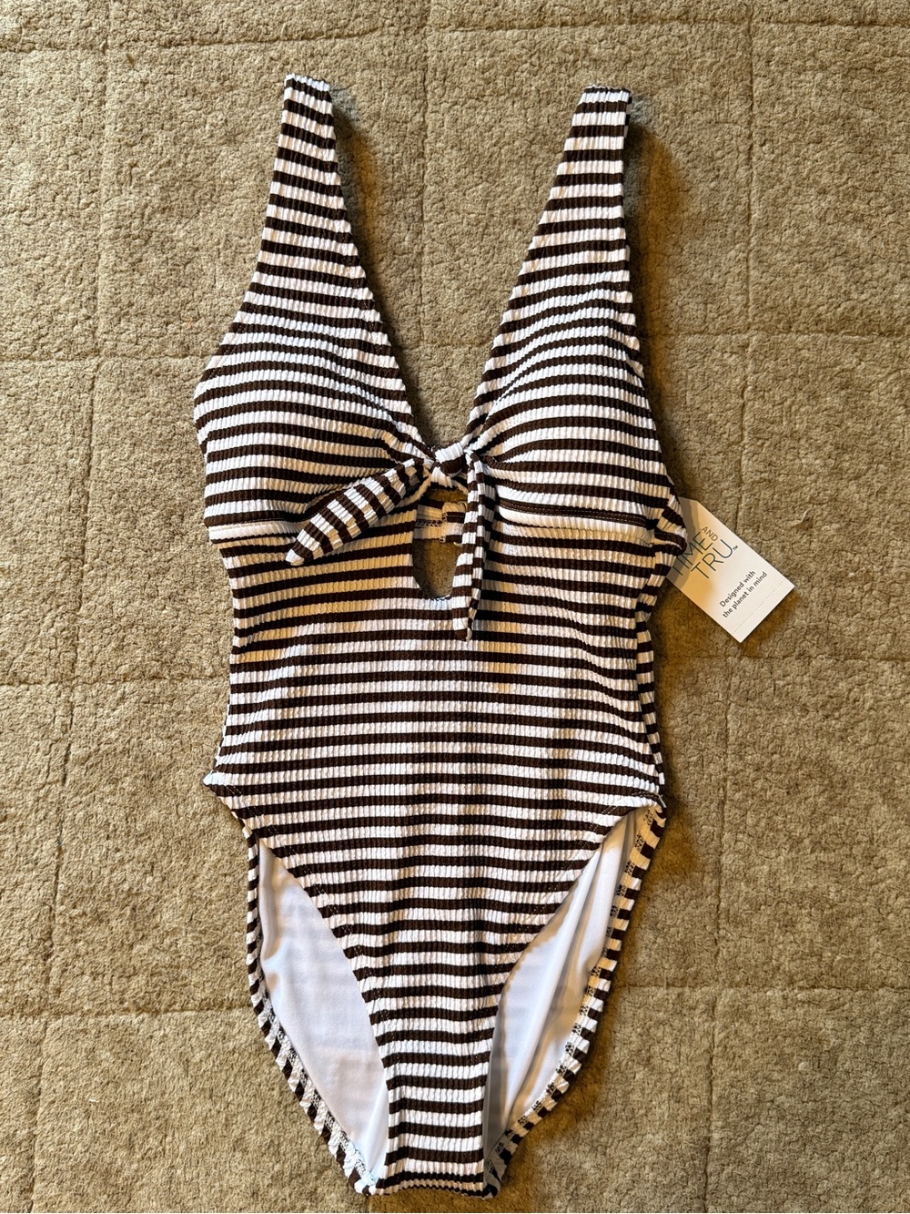 Women’s Striped One-Piece Swimsuit - Brown & White with front tie detail.